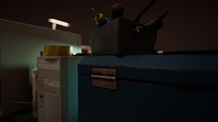 A workspace brimming with various tools and equipment sits under soft, dim lighting. The surroundings exude a cozy yet productive atmosphere, perfect for creativity and innovation. © icetray