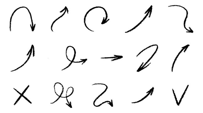 Sketchy arrow set with pen, crayon and chalk effects. Hand drawn style with brush and pencil strokes. Flat vector illustration isolated on white. Distressed rough texture for creative design.