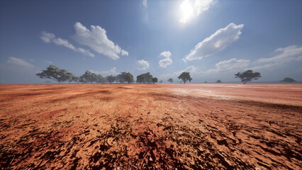 Wide view of an arid land stretching far into the horizon, with dry cracked earth and sparse trees silhouetted against a bright blue sky. Fluffy clouds drift lazily above. © icetray