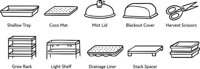 Collection of line art icons for indoor gardening and hydroponics equipment