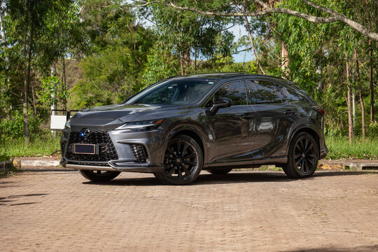Lexus NX 500h F Sport front view three quarters, Luxury hybrid SUV parked on a dirt road with green trees