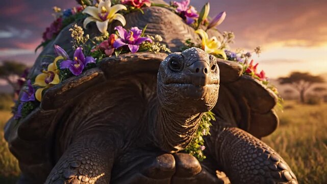 A close-up of a large tortoise adorned with flowers; the background is an African savanna