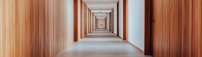 Fototapeta premium Long wood-paneled hotel hallway with repeating doors, creating depth and perspective. Warm tones, minimalist design, leading lines to a vanishing point.