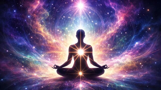 Silhouette of a meditating figure surrounded by vibrant cosmic energy, showcasing a continuous flow of light and color in a mystical space environment