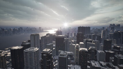 Fototapeta premium Evening light casts a warm glow over a vibrant metropolis.