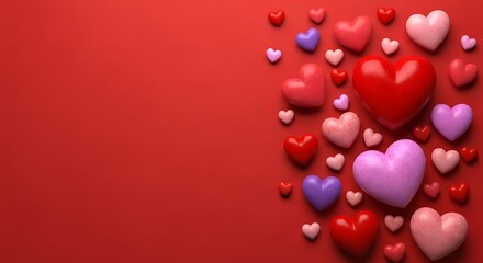 Obraz premium Colorful hearts on red background purple hearts pink hearts 3d hearts