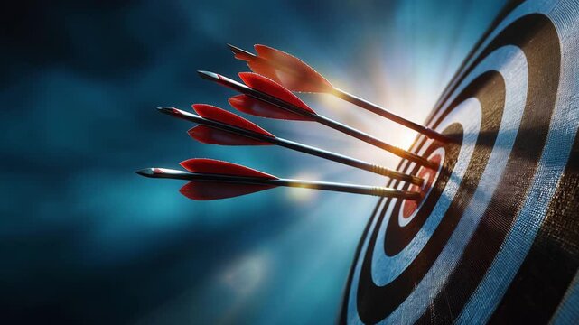 Multiple arrows striking a target with precision, showcasing the impact and energy of the moment in a dramatic, illuminated setting with swirling light effects