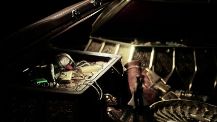 A vintage treasure chest opens to reveal an array of glittering gold coins, jewels, and ancient artifacts peeking from the shadows, each holding untold stories of adventure and mystery. © icetray