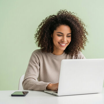  young woman with curly hair sits at a clean, modern desk, working on a laptop,.