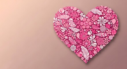 Fototapeta premium Pink heart shape with white and pink flowers and leaves on mauve background