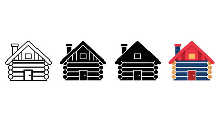 Set of four illustrations of log cabins, including outline, solid black, and colored versions, ideal for design projects