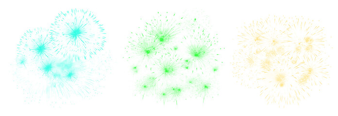 Light pastel fireworks burst elements with circular glowing particles in blue, green, and yellow tones, isolated on transparent PNG background for festive and creative designs.