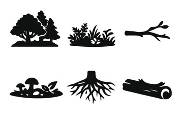 Obraz premium Forest Layers Icons. Solid vector icons of forest layers: canopy, undergrowth, forest floor, branch, root, fallen log No text, No