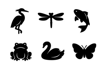 Fototapeta premium Wildlife Vector Icons. Solid vector icons of quiet wildlife: heron, dragonfly, koi fish, frog, swan, butterfly No text, No labels,