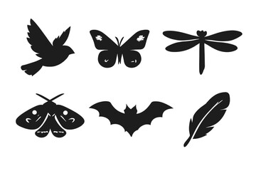 Fototapeta premium Winged Creatures Icons. Solid vector icons of winged creatures: bird, butterfly, dragonfly, moth, bat, feather No text, No labels,
