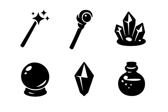 Mystical Tool Icons. Solid vector icons of mystical tools: wand, staff, crystal, orb, prism, potion No text, No labels, isolated