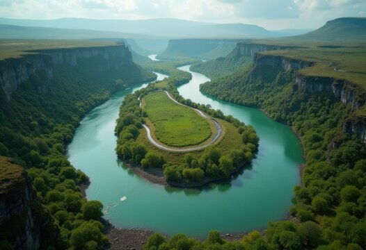 Aerial Perspective of a Curved River Meandering Through a Vibrant Green Basin Wildlife Haven