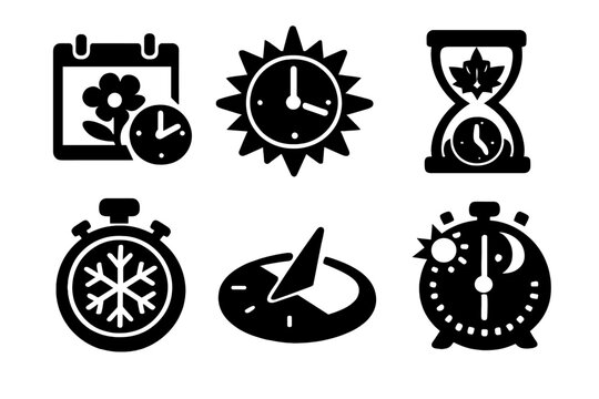 Seasonal Time Icons. Solid style icons of Seasonal Time: spring calendar, summer sun clock, autumn leaf hourglass, winter snow