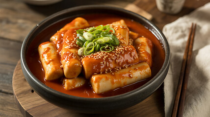 Delicious Spicy Korean Tteokbokki Rice Cakes with Scallions and Sesame Seeds