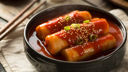 Steaming Korean Tteokbokki in Spicy Red Sauce, Garnished with Sesame and Scallions