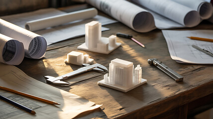 Architectural Models, Blueprints, and Drafting Tools on a Rustic Wooden Desk with Warm Sunlight