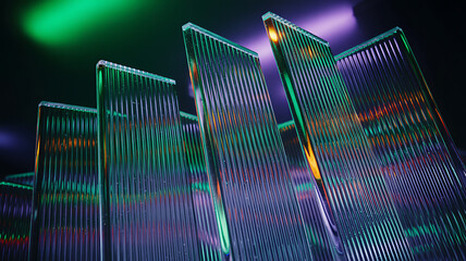 Vibrant Abstract Ribbed Glass Panels with Dynamic Green and Purple Light
