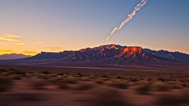 Desert mountain landscape with contrail