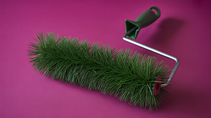 Conceptual Paint Roller with Pine Needles on Vibrant Magenta Background