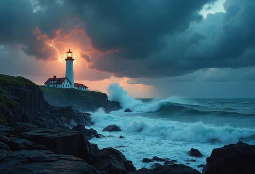 Fierce Storm Over Lighthouse on Rugged Coastal Outcrop Amidst Turbulent Waves and Dramatic Skies
