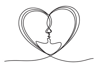 Couple Kissing in Heart Shape Continuous Line Art on White Background