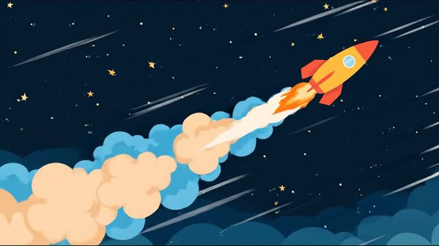 Cartoon rocket soaring through starry night sky with vapor trail