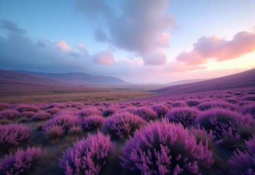 Heather Hills Enveloping Misty Highland Moor Under Expansive Blue Sky