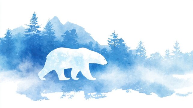 polar bear walking in the forest, winter mountain landscape