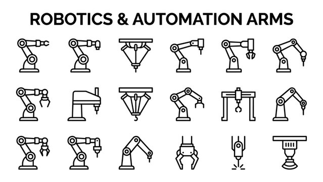 Industrial Robotics and Automation Arms Line Icon Set. Minimalist Vector Illustrations of Robotic Manipulators, Grippers, and Factory Automation Systems for Engineering and Manufacturing Design.