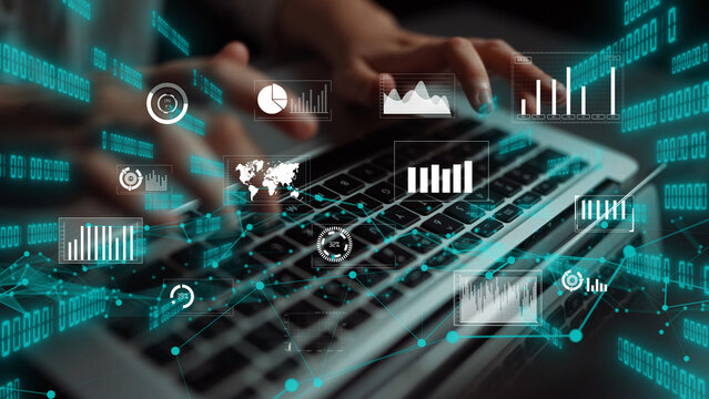 This image showcases a pair of hands typing on a laptop with various data visualizations and statistical graphics, emphasizing the integration of technology and analytics. Xenic