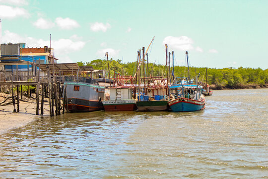 Fishing boats docked at the port of the city of Tutoia, in the Parana&iacute;ba Delta, northern state of Maranh&atilde;o, northeastern Brazil.