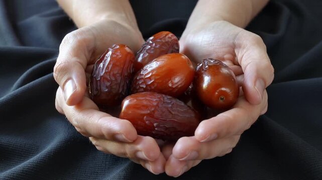Hands cupping a pile of ripe, wrinkled dates against a dark fabric background fruit food