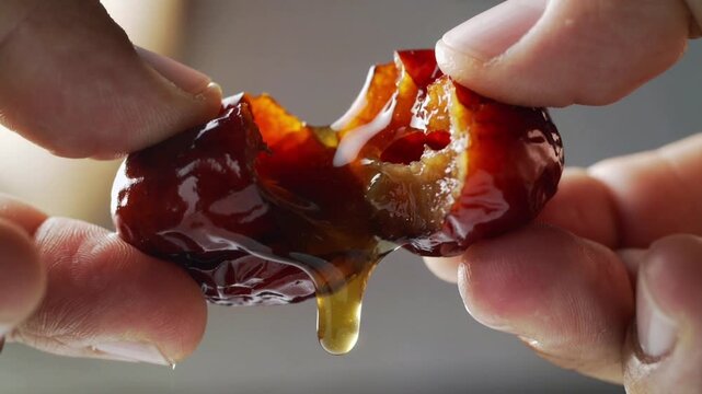 Fingers splitting a ripe date revealing sticky sweet syrup dripping from the center fruit food