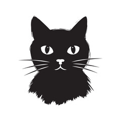 Minimalist black cat face silhouette vector illustration with white whiskers and eyes