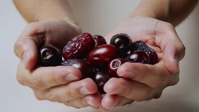 Hands holding a pile of dark red dates and cherries on a white surface Keywords: hands, holding
