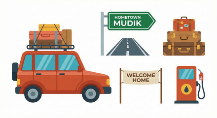 Naklejka premium Road trip adventure with a packed car and iconic travel symbols