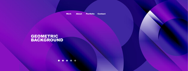 Abstract purple design. Geometric shapes overlap, creating dynamic visual effect. Minimalist text elements present. Modern aesthetic. © antishock