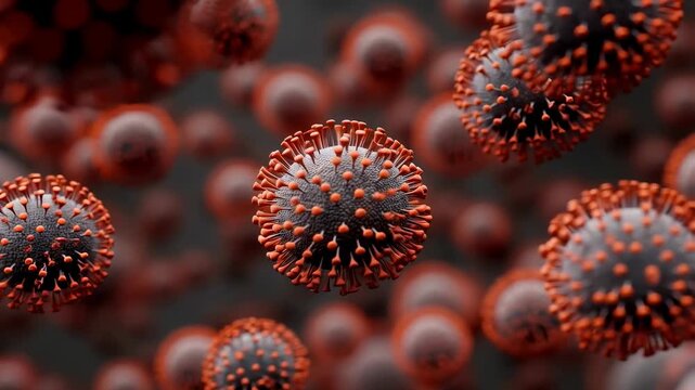 Close-up of virus particles in motion, illustrating the microscopic world of pathogens and their impact on health and disease