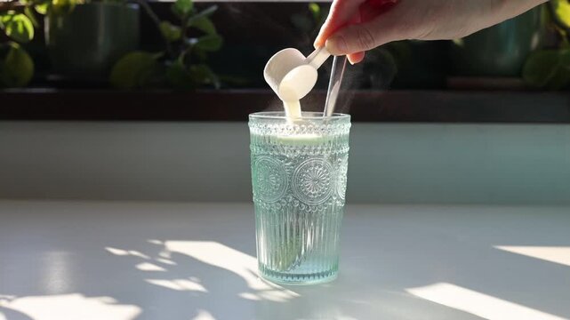 pouring and mixing collagen powder in a glass of water
