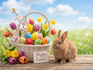 Brown bunny near white wicker basket with colorful Easter eggs