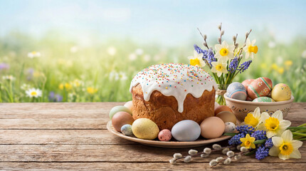 Easter cake with white glaze and colorful easter eggs on wooden table