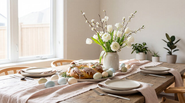 Braided Easter bread with white icing and pastel eggs on the dining table