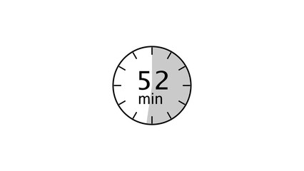 52 minutes counting timer number illustration. Stopwatch timer clock icon on white background.