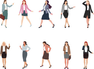 Fototapeta premium Businesswomen illustration, professional attire, female figures, office fashion, corporate style, career poses, workplace diversity, vector art, presentation gesture, modern design