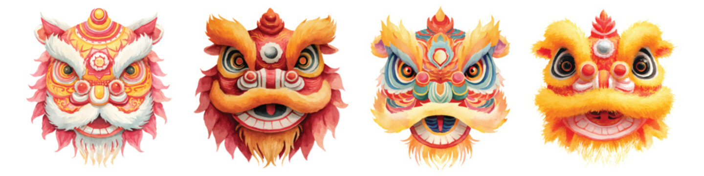 Lion dance heads Chinese New Year elements set watercolor, symbols of good luck and prosperity, isolated on transparent background